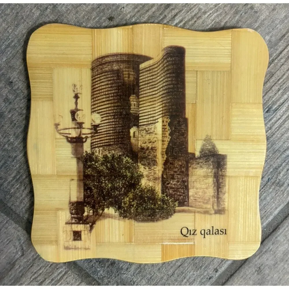 Vintage Azerbaijan Historic Landmarks Bamboo Coaster Set of 6 with Holder Baku